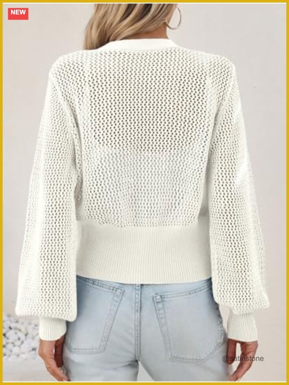 Crochet Cropped Cardigan Hollow Out Button Down Lantern Sleeve Knit Sweater - Picture 2 of 6